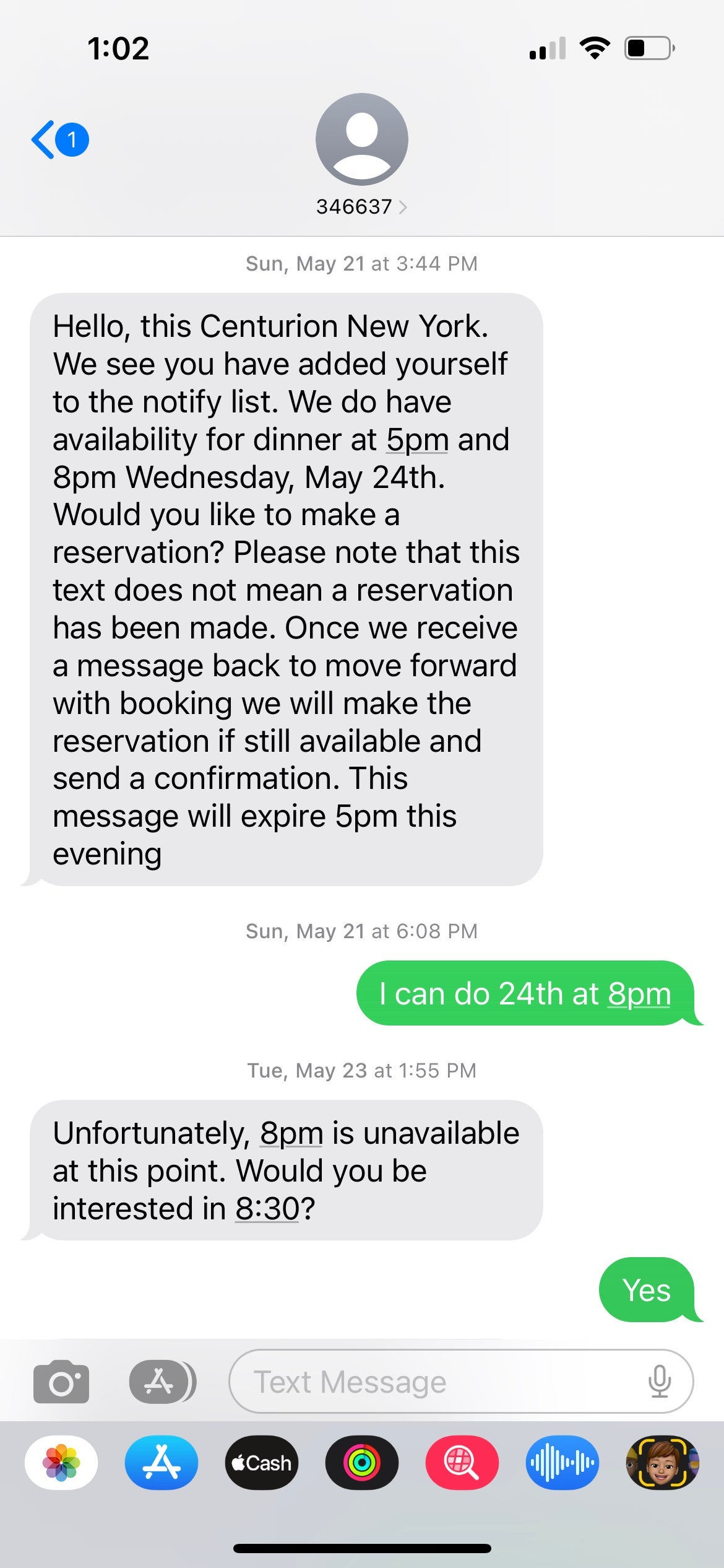 Resy communication via text message. RESY