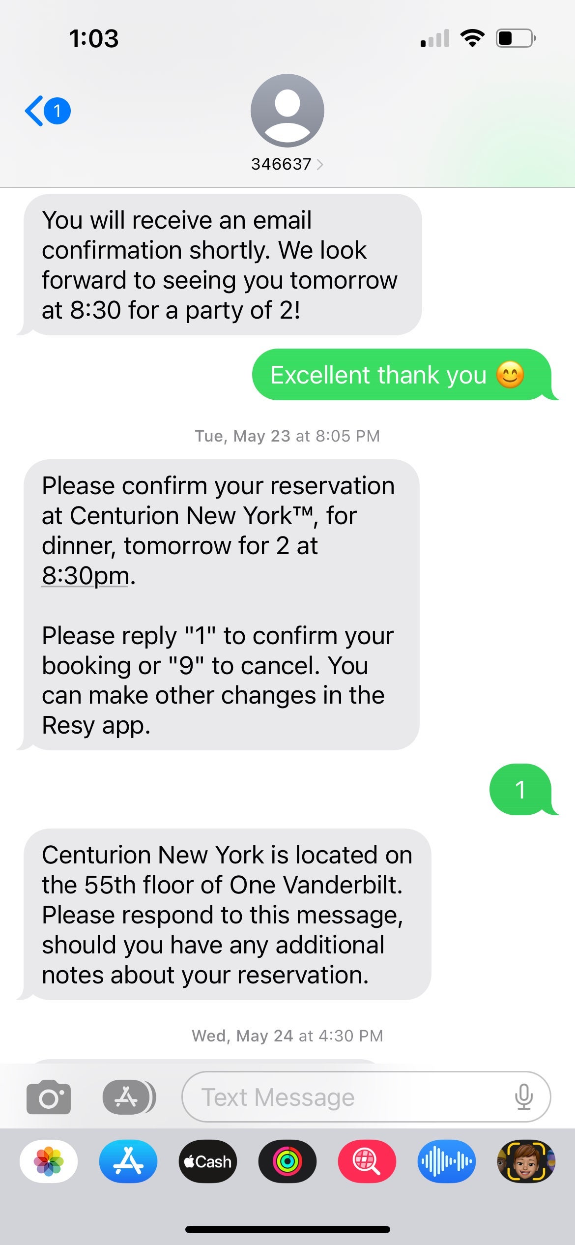 Resy confirmation for Centurion NY via text message.