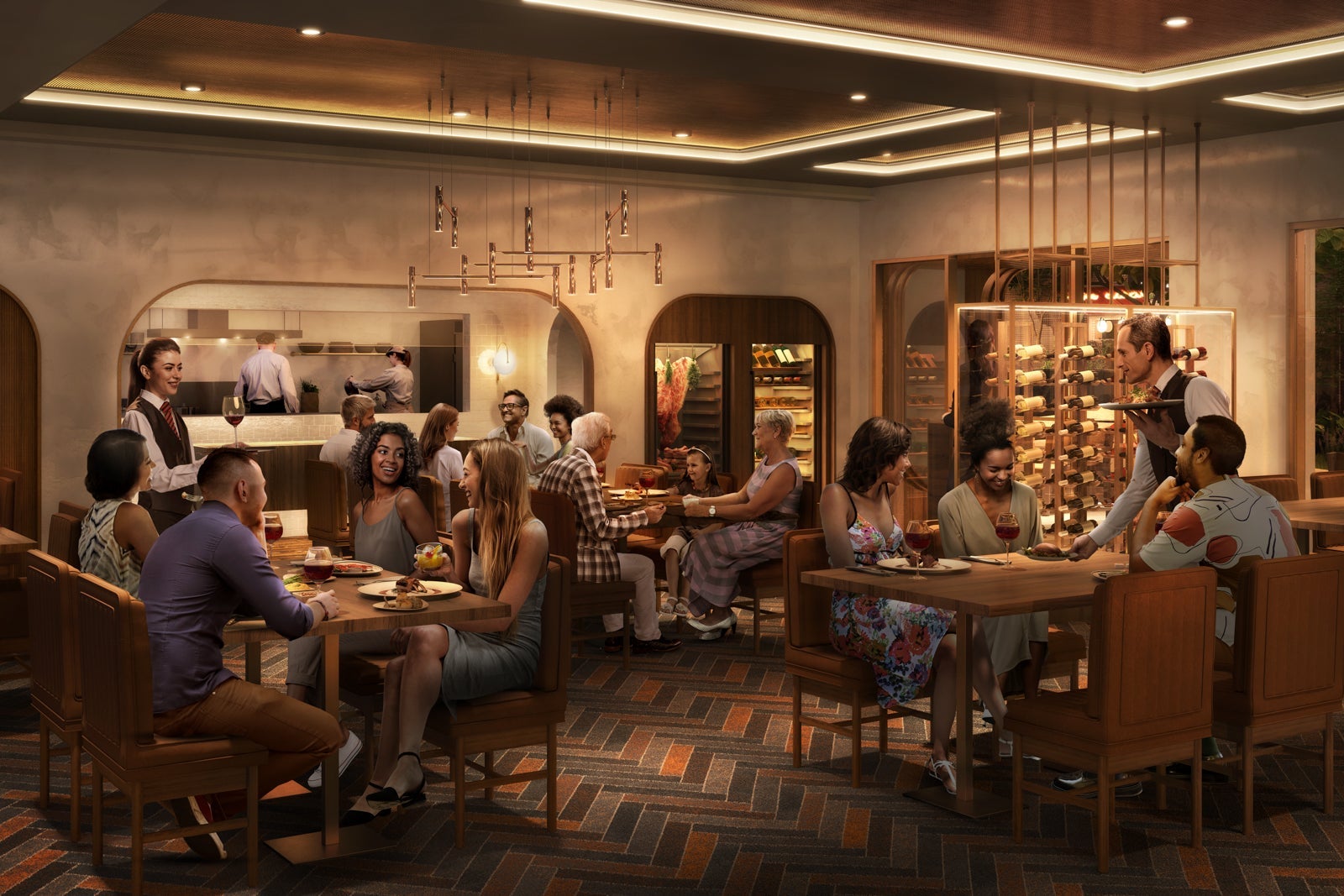 A cavernous-looking restaurant on a cruise ship