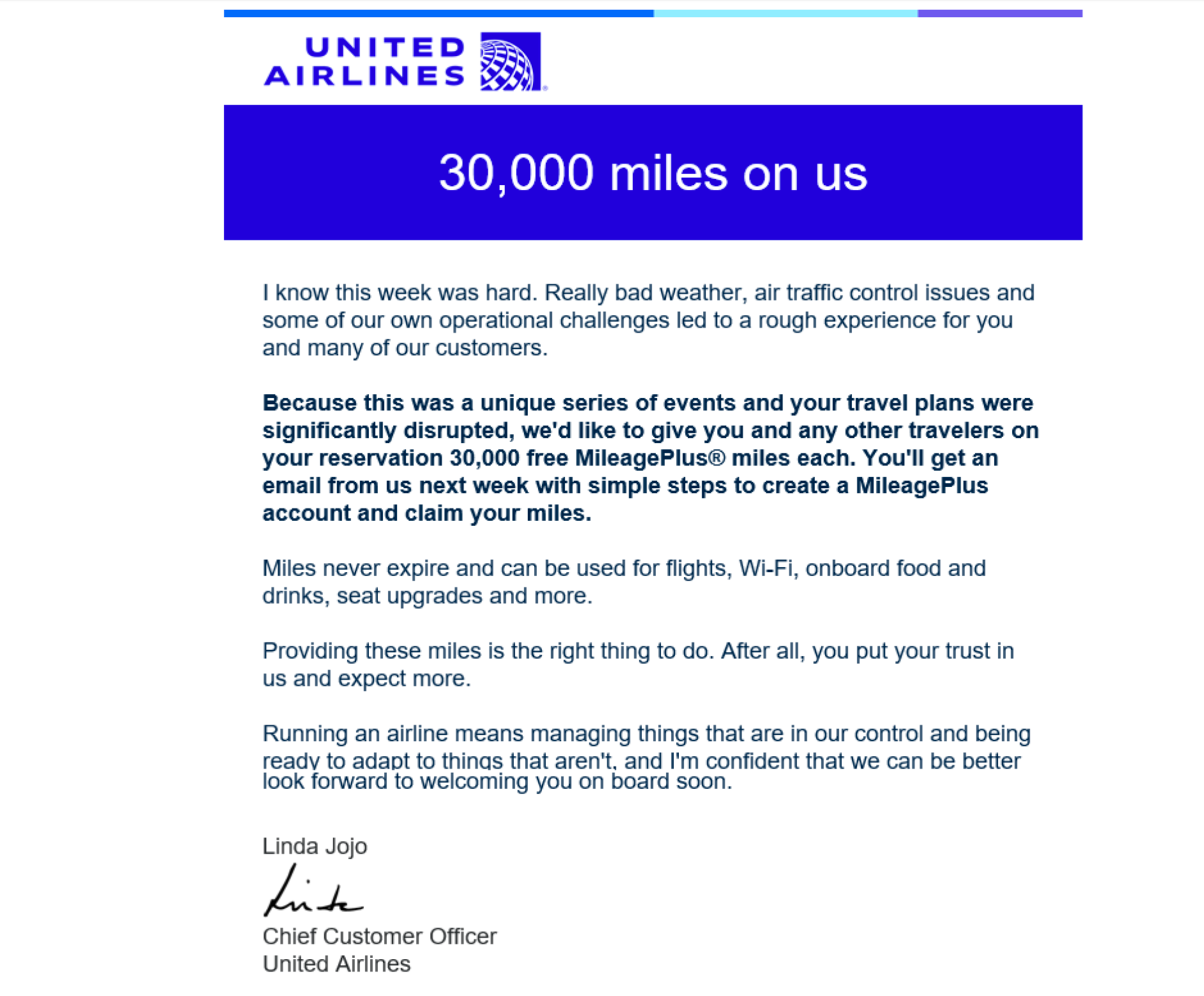 Customer service email from United.