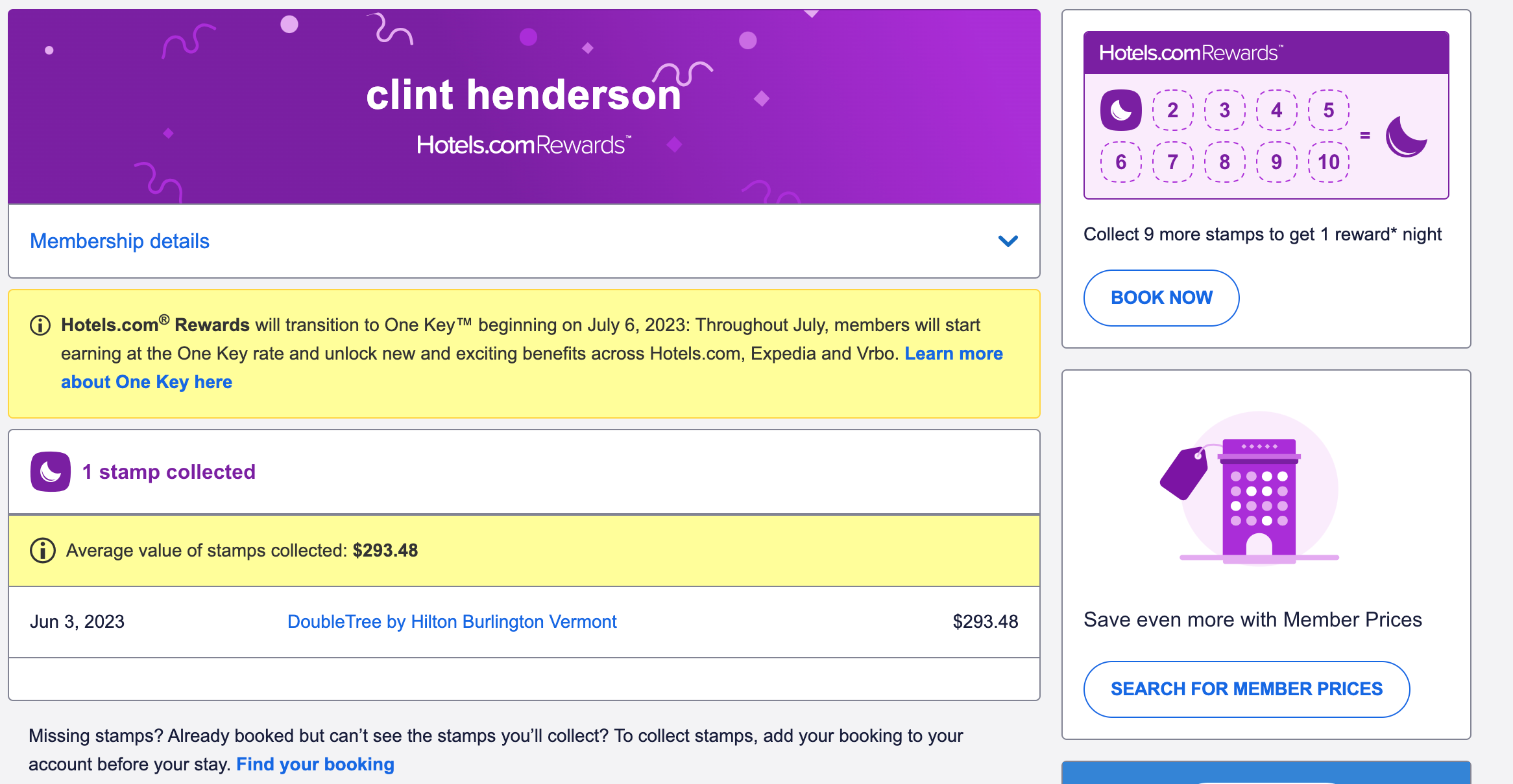 Hotels.com account page.