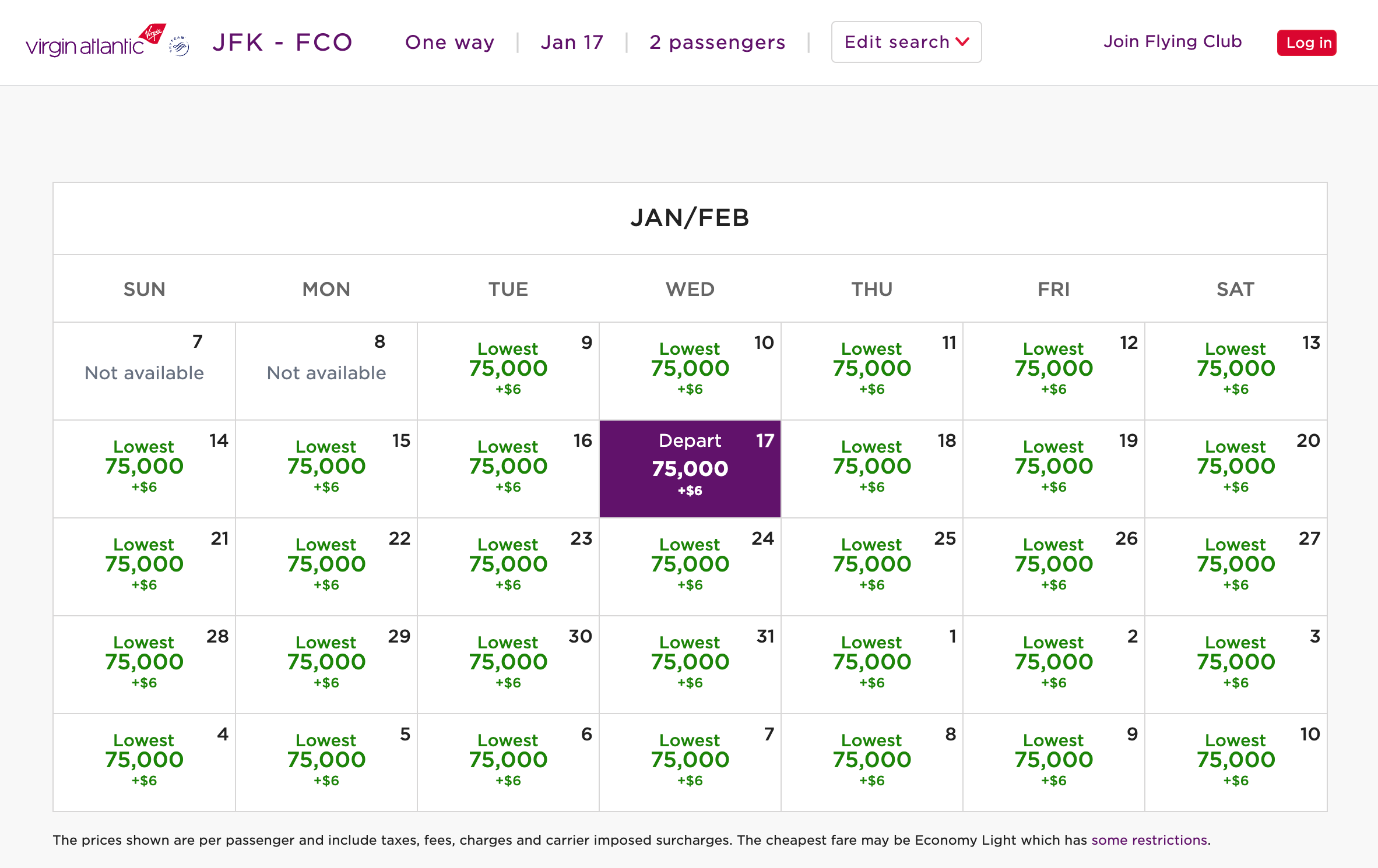 Virgin Atlantic award calendar from New York-JFK to Rome in early 2024