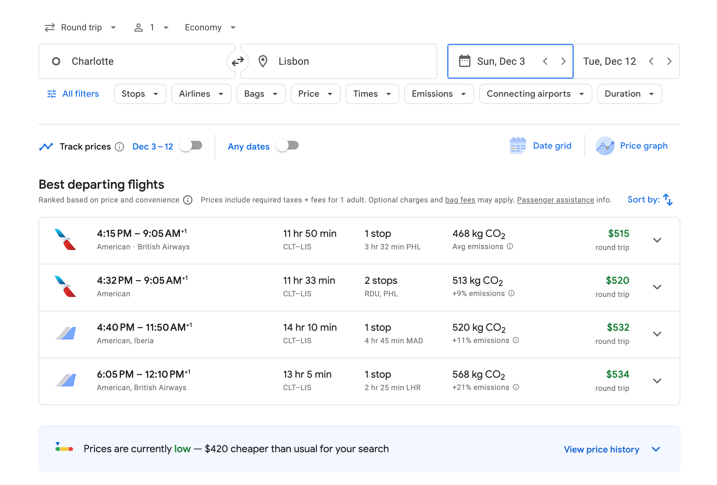 google flights screenshot