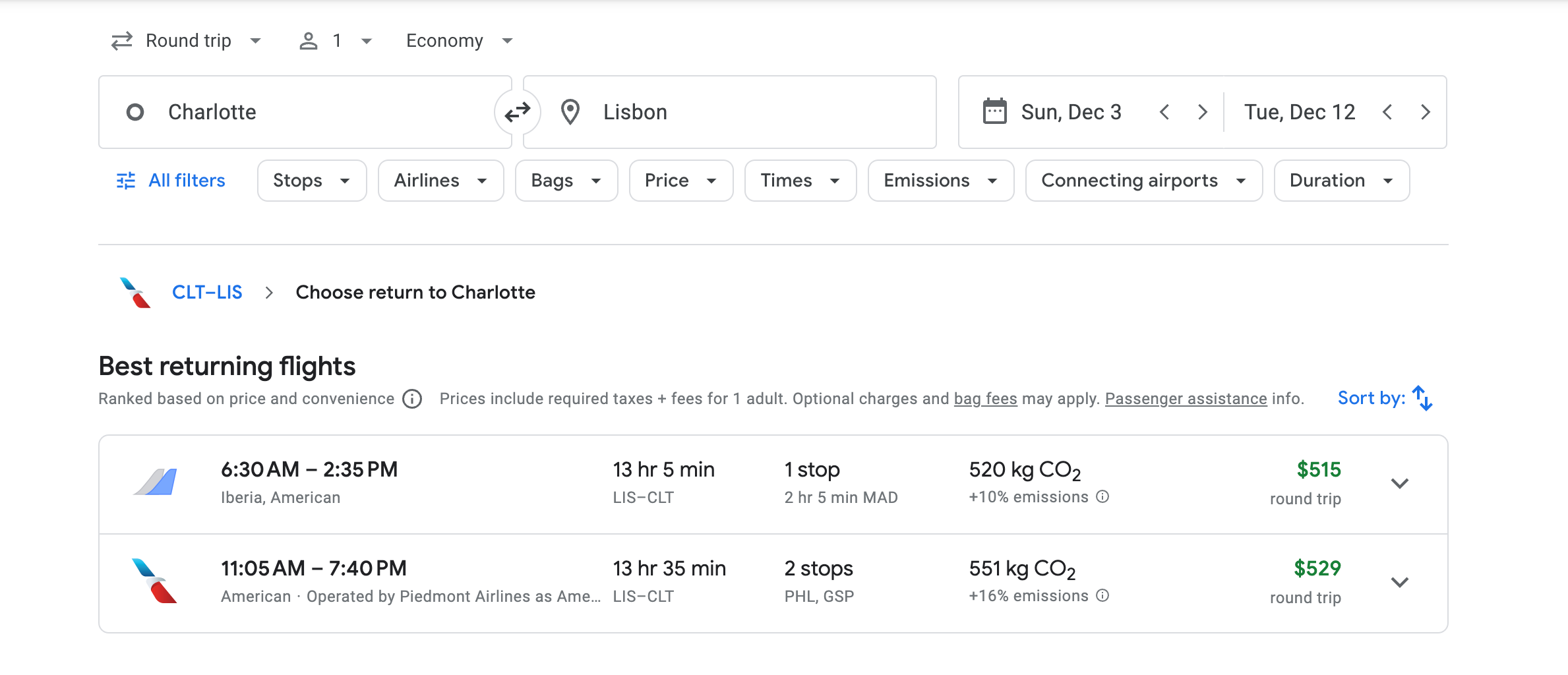 google flights screenshot