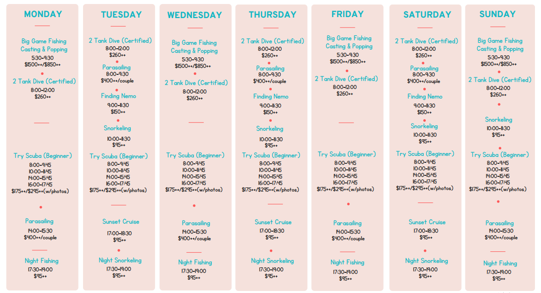 Activities schedule and costs