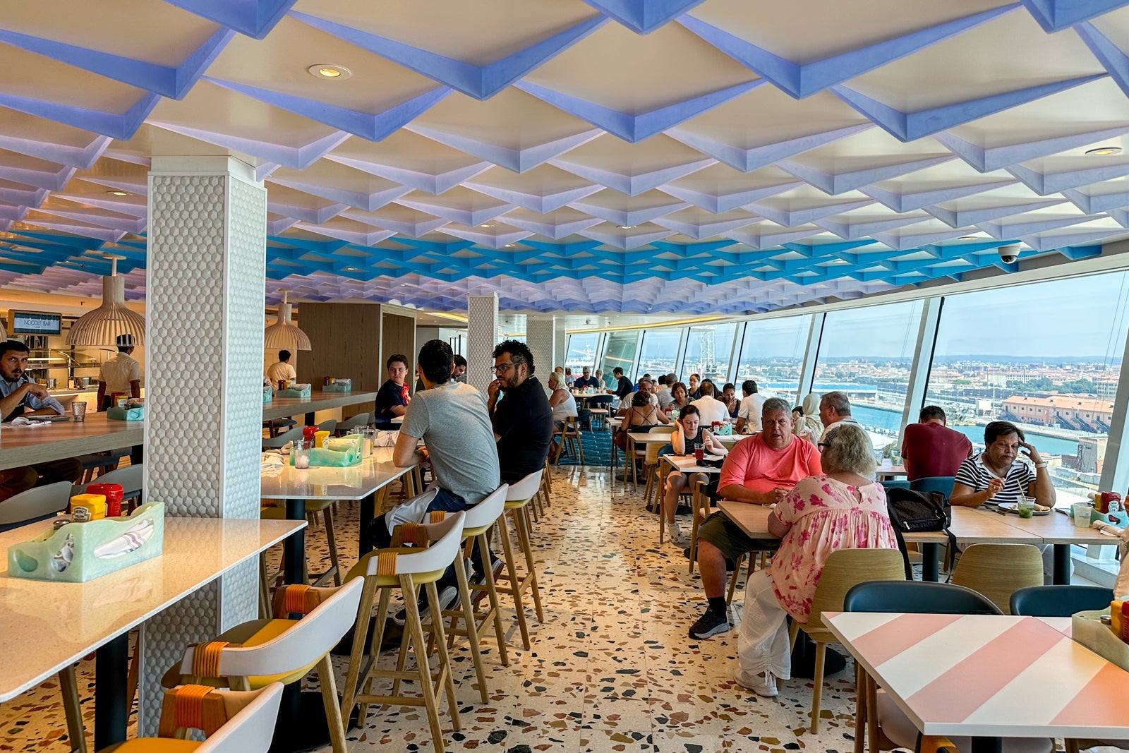 The seating area in a cruise ship buffet restaurant