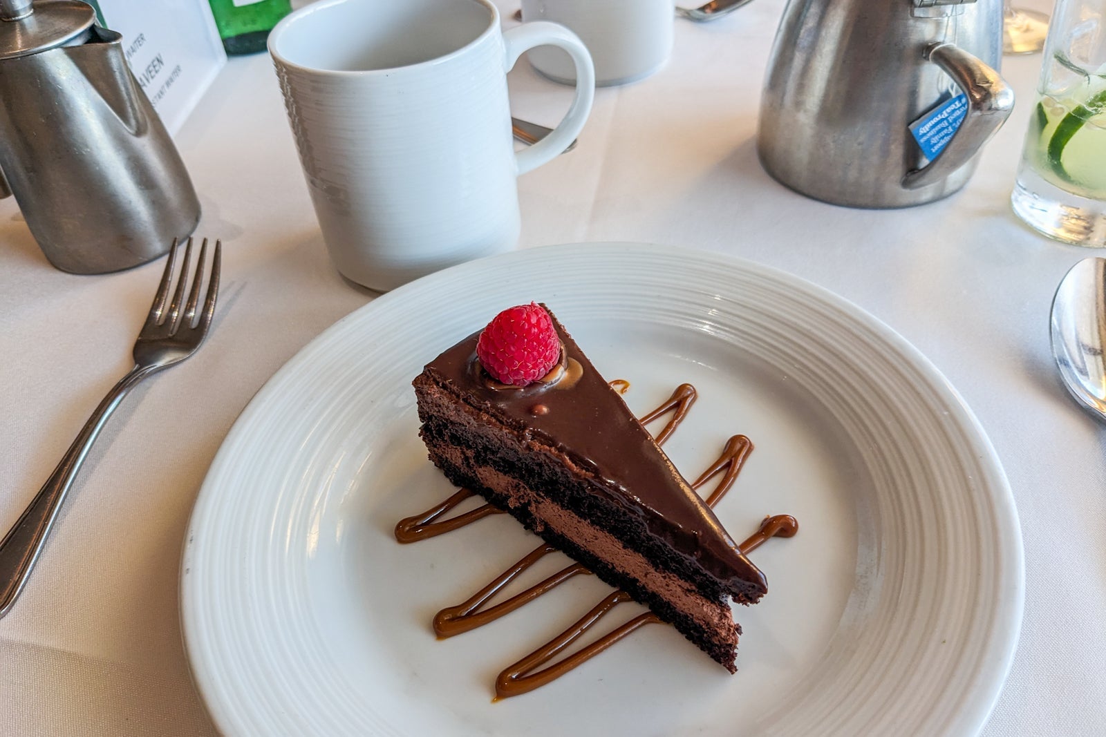 Chocolate cake on a white plate