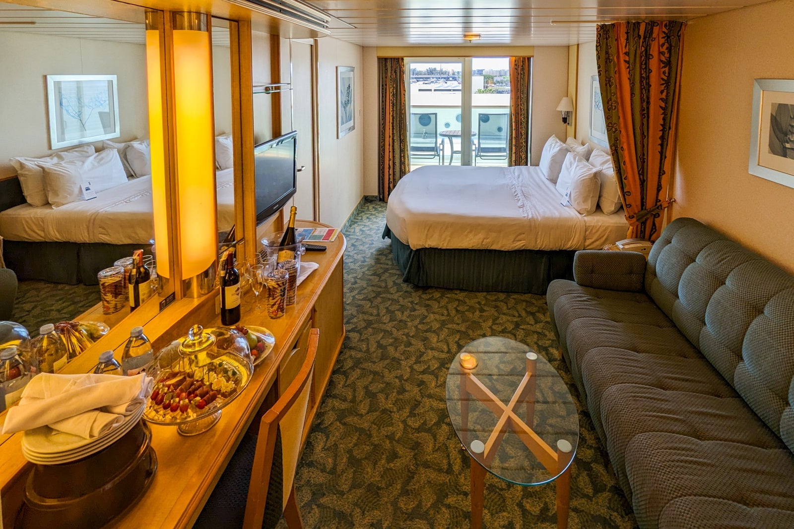 The inside of a balcony cabin on Independence of the Seas cruise ship