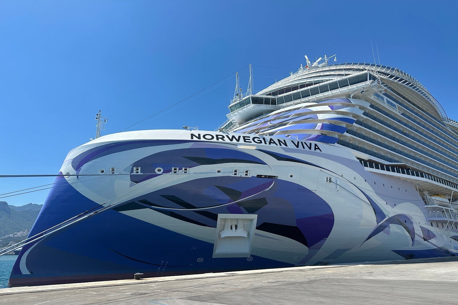 A close-up of a cruise ship docked