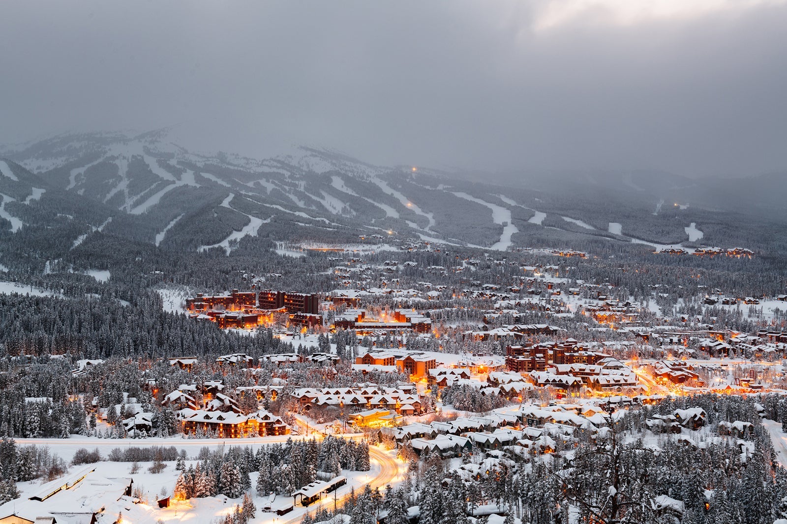 Breckenridge, Colorado, town skyline in winter at dusk. 