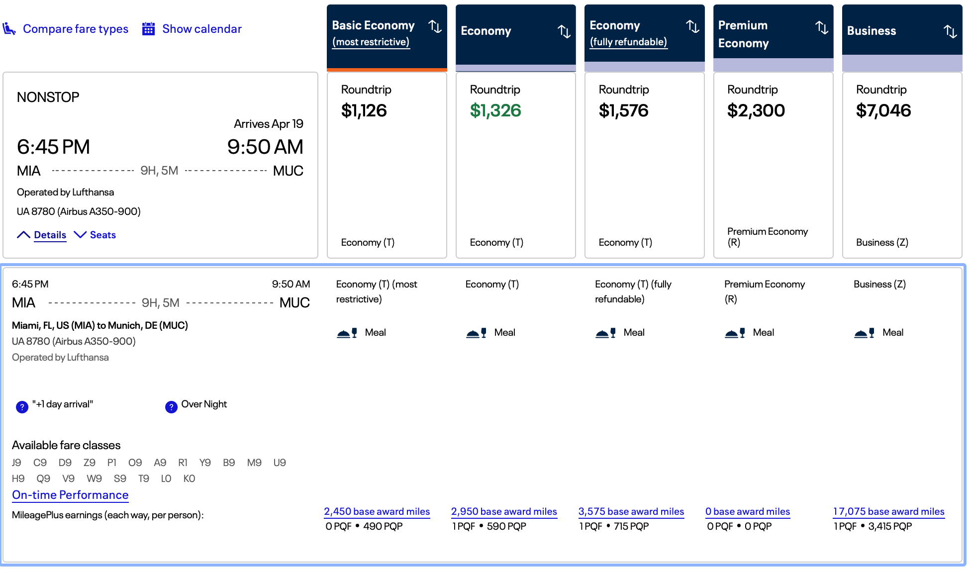 screenshot of United flight offers