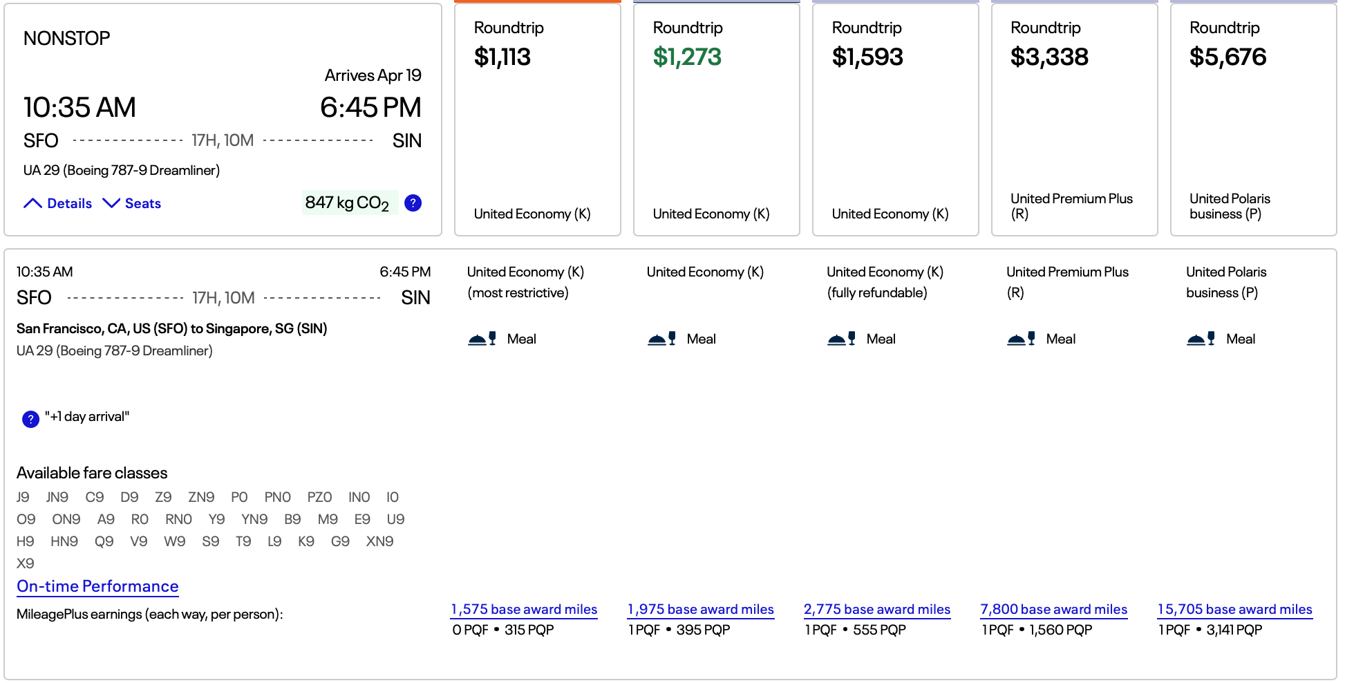 screenshot of United flight offers