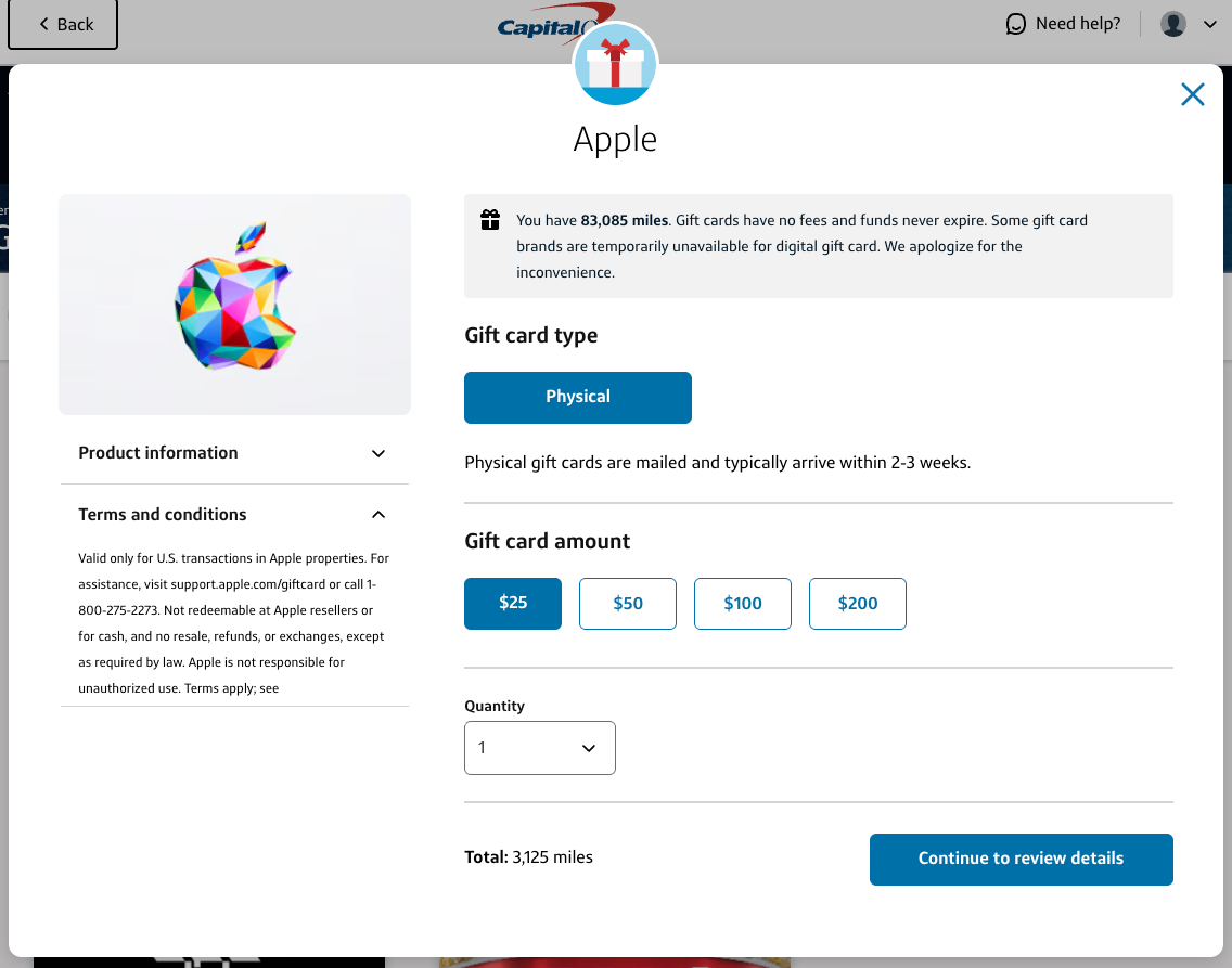 Gift card redemption Capital One miles