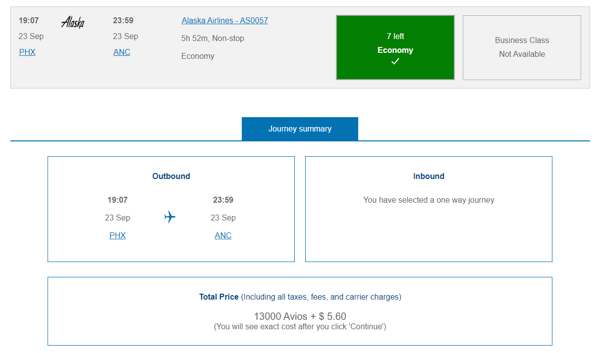 Redeeming Avios for an Alaska flight