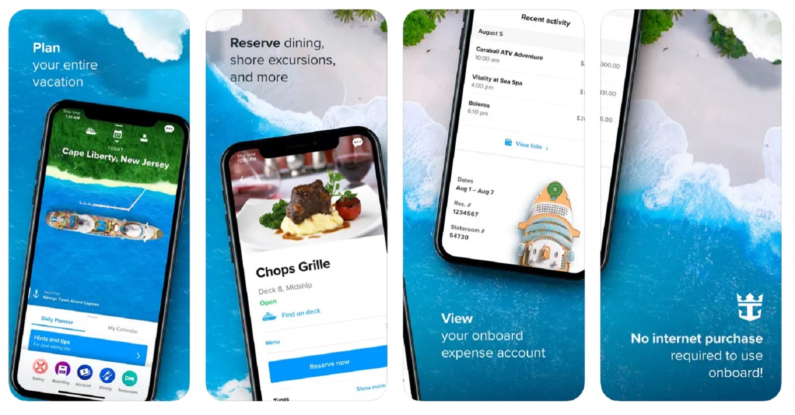 Screeshots of the Royal Caribbean mobile app against a beachy background