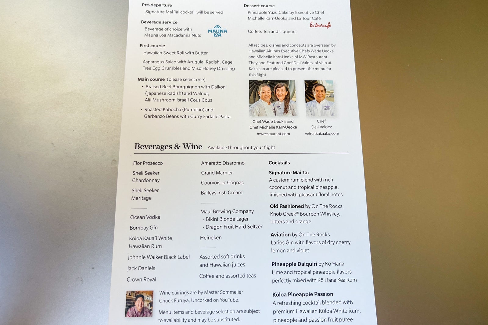 Hawaiian Airlines menu