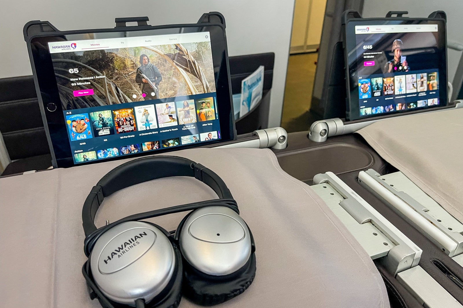Headphones and iPads on Hawaiian Airlines