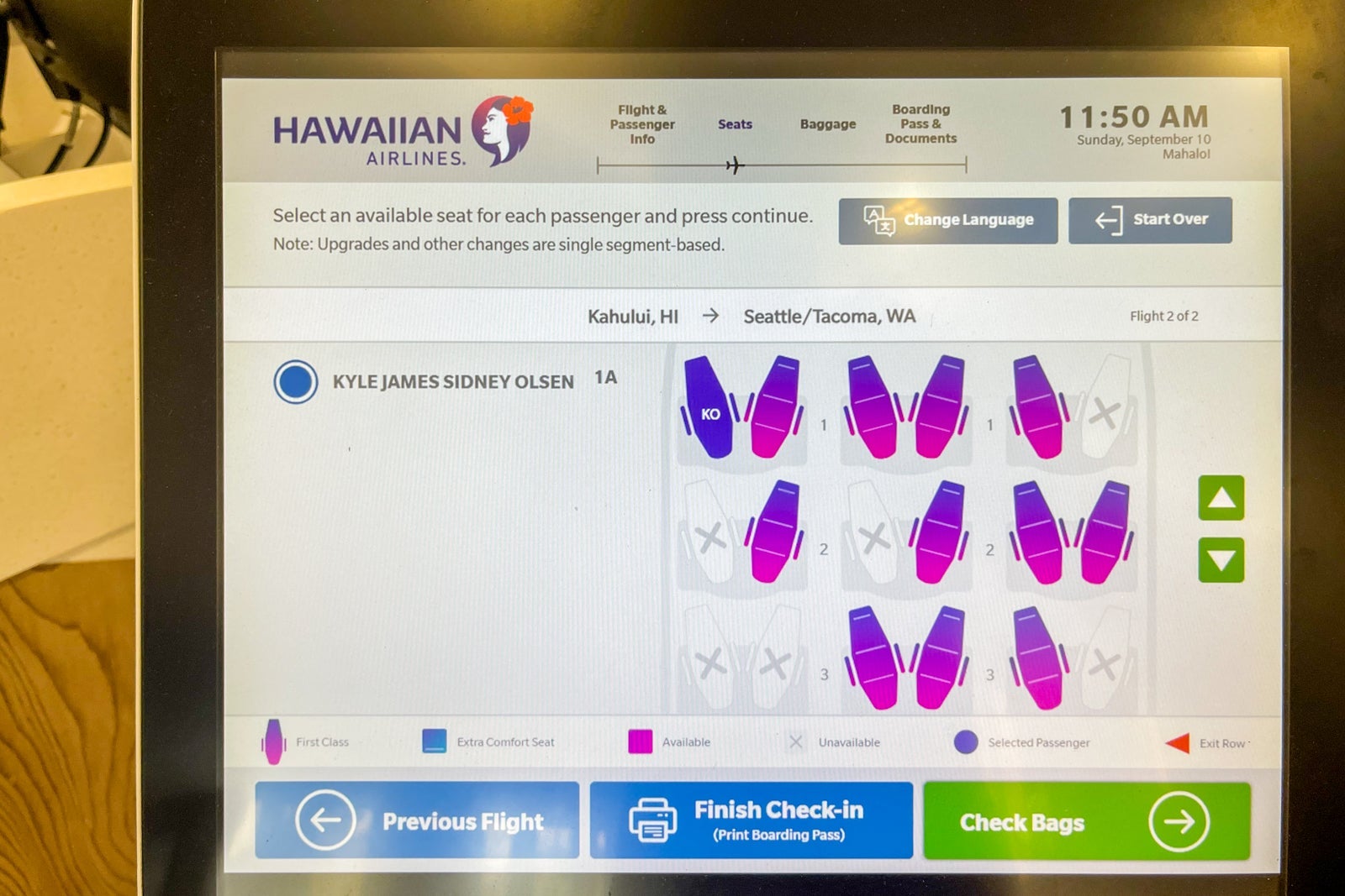Selecting seats on Hawaiian self-service kiosk