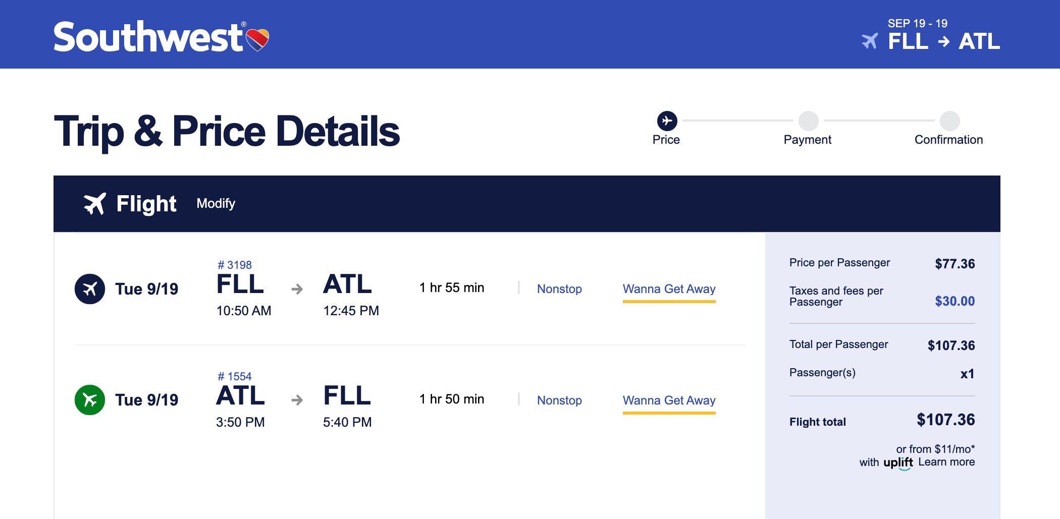 The price for a round-trip Southwest flight from Fort Lauderdale to Atlanta on September 19, 2023