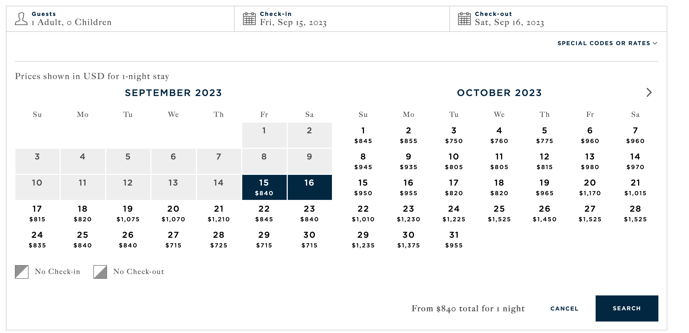 Rosewood Baha Mar booking calendar.