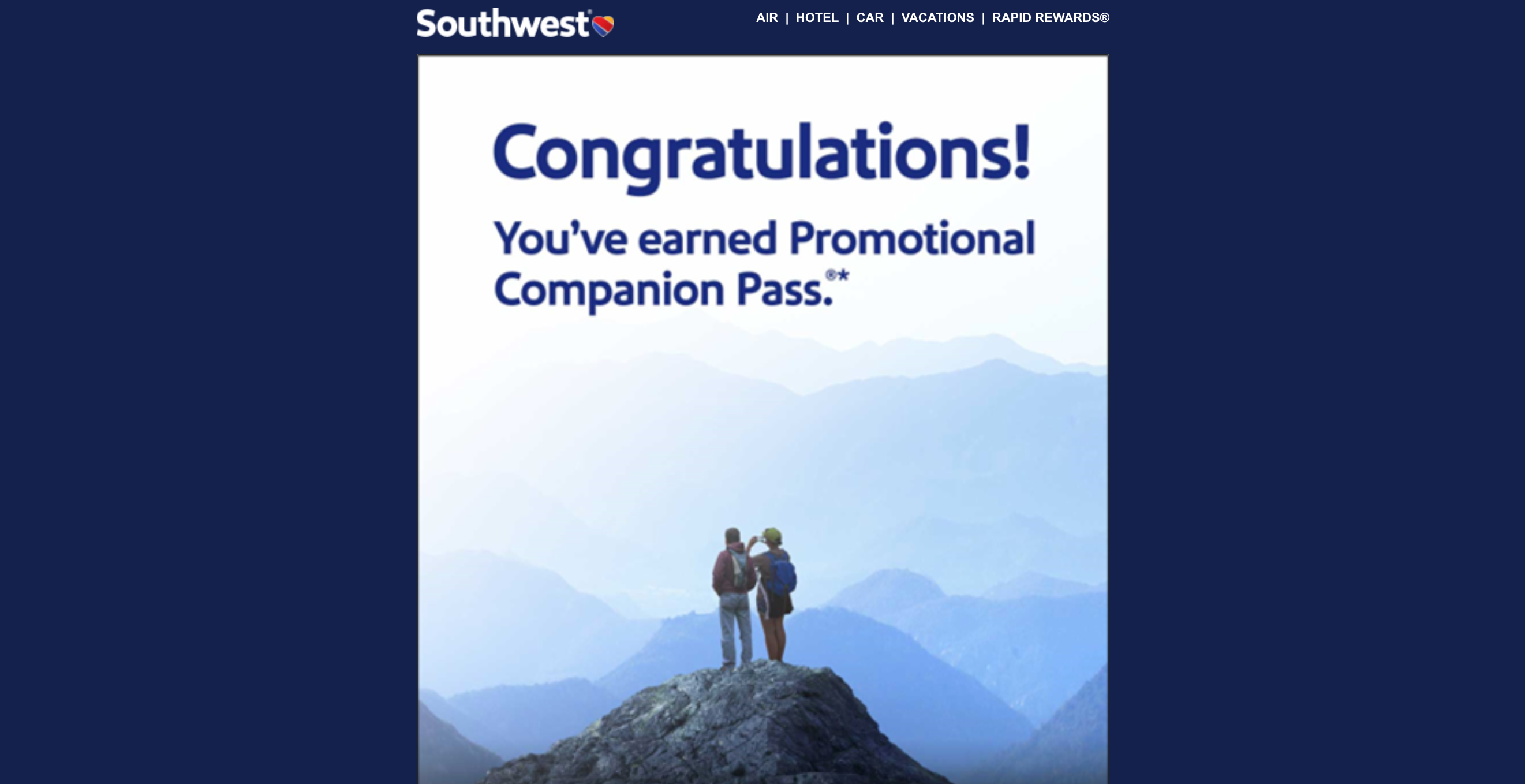 Email confirmation with a promotional Southwest Companion Pass