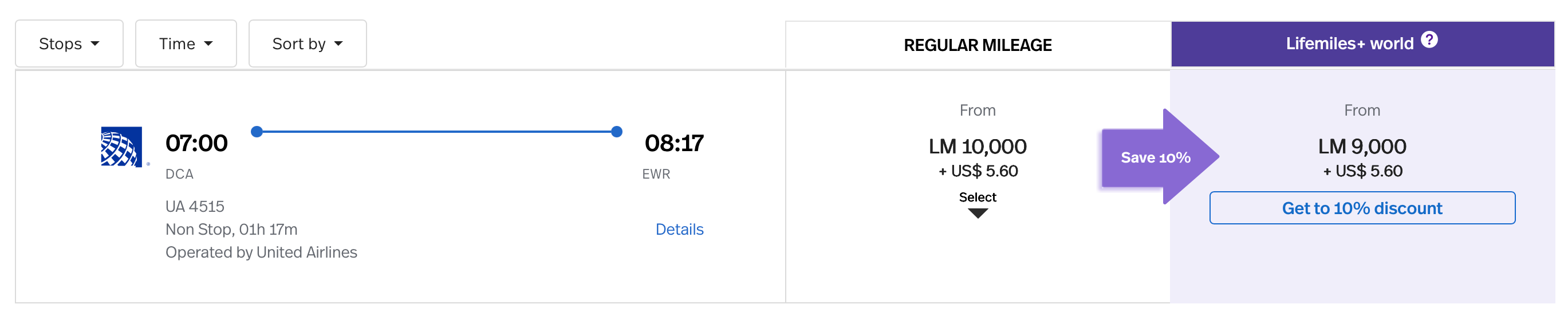 LifeMiles award flight from Washington DC to Newark