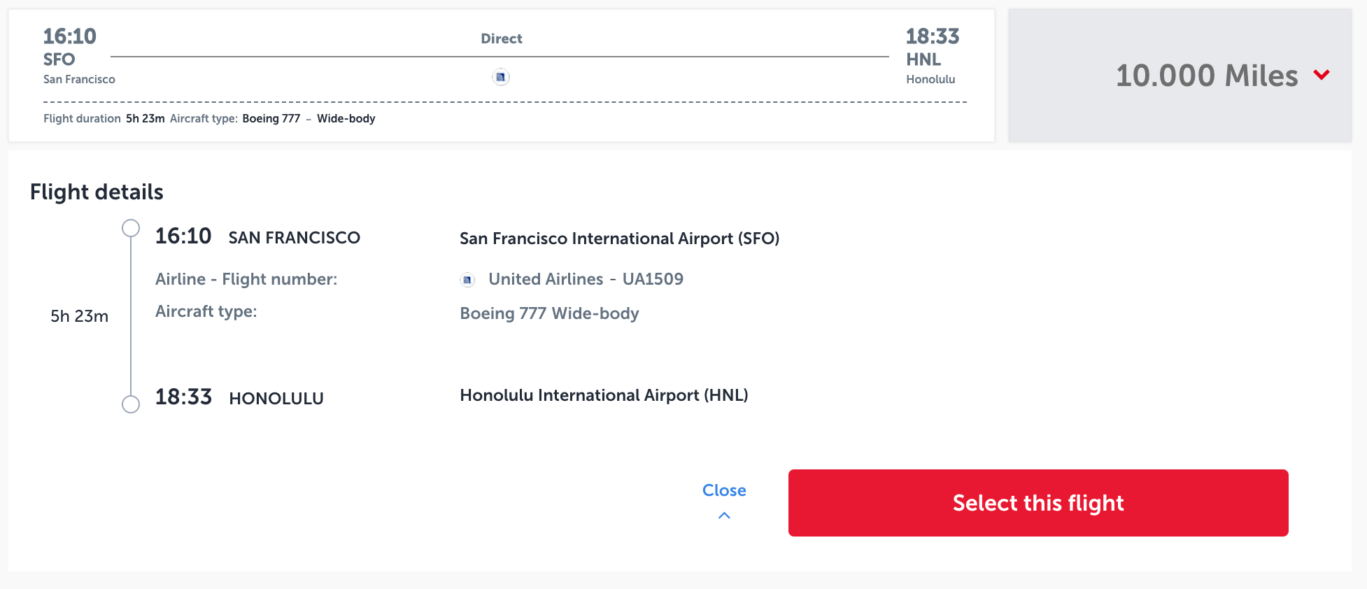Turkish Airlines award flight from San Francisco to Honolulu