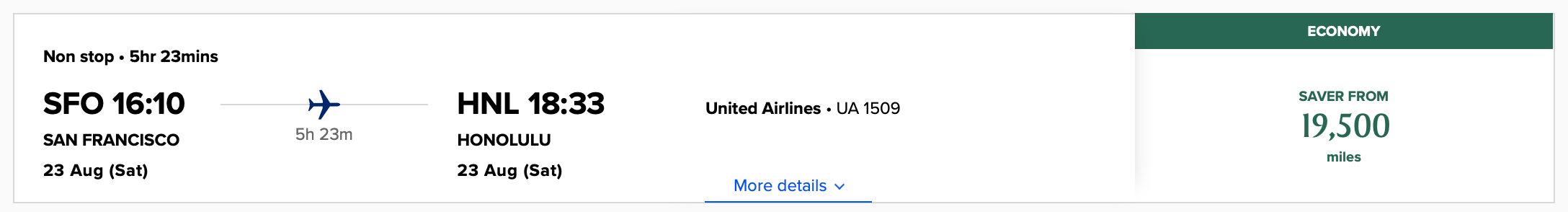 Singapore Airlines award ticket from San Francisco to Honolulu