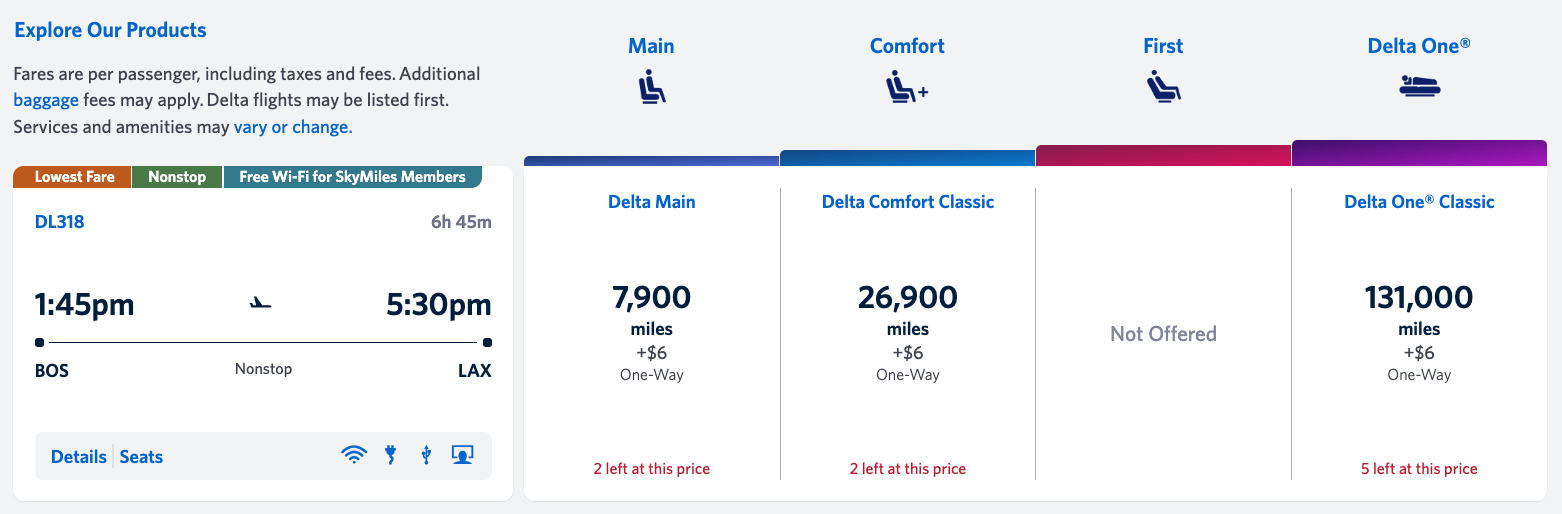 Delta award flight from Boston to Los Angeles