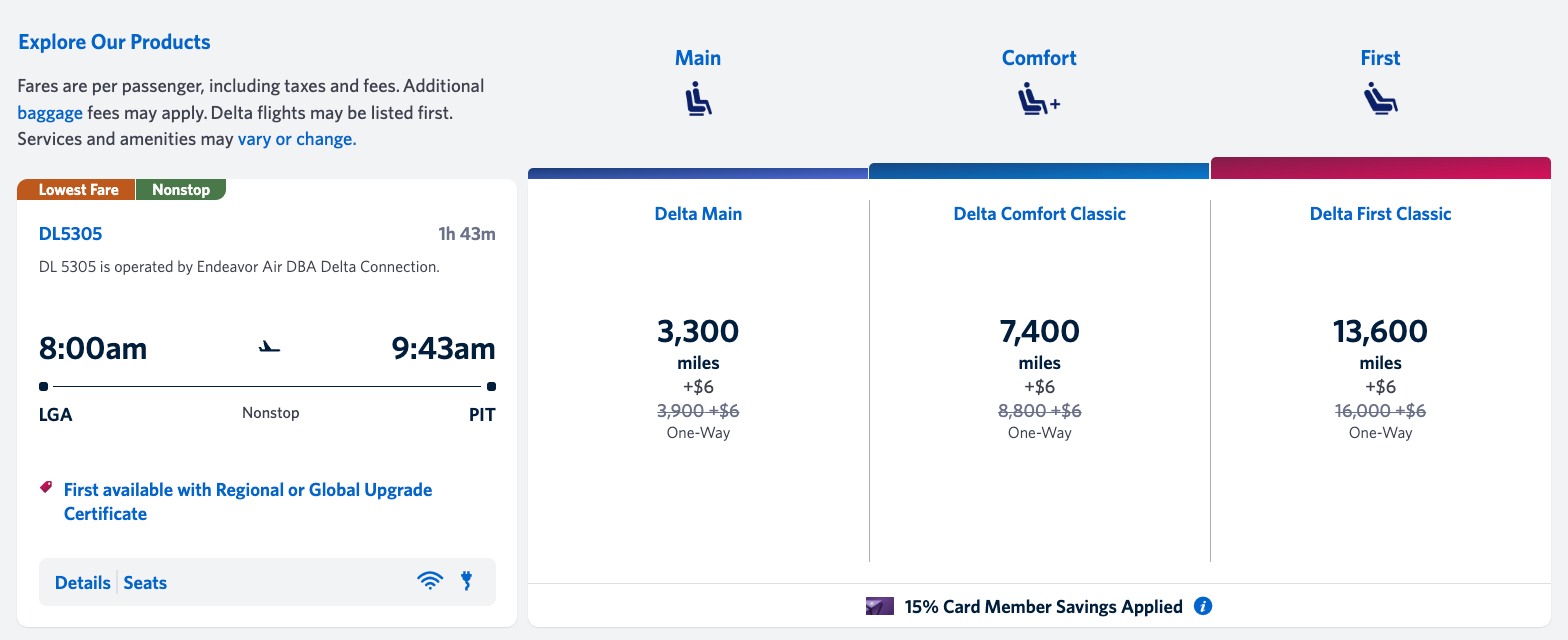 Delta award flight from New York to Pittsburgh