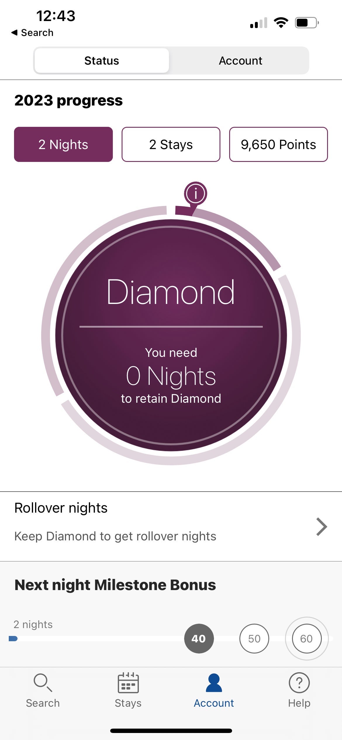 Diamond status level in Hilton app