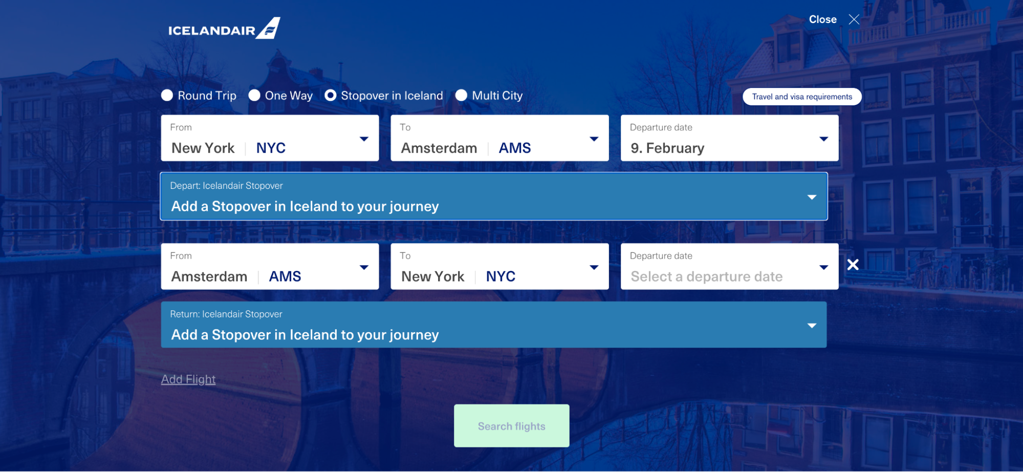 The search page for Icelandair.com, including the ability to add a stopover