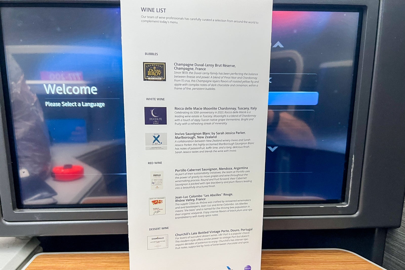 Business-class cabin wine selections