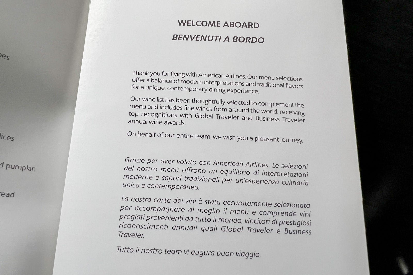 Business-class cabin amenities