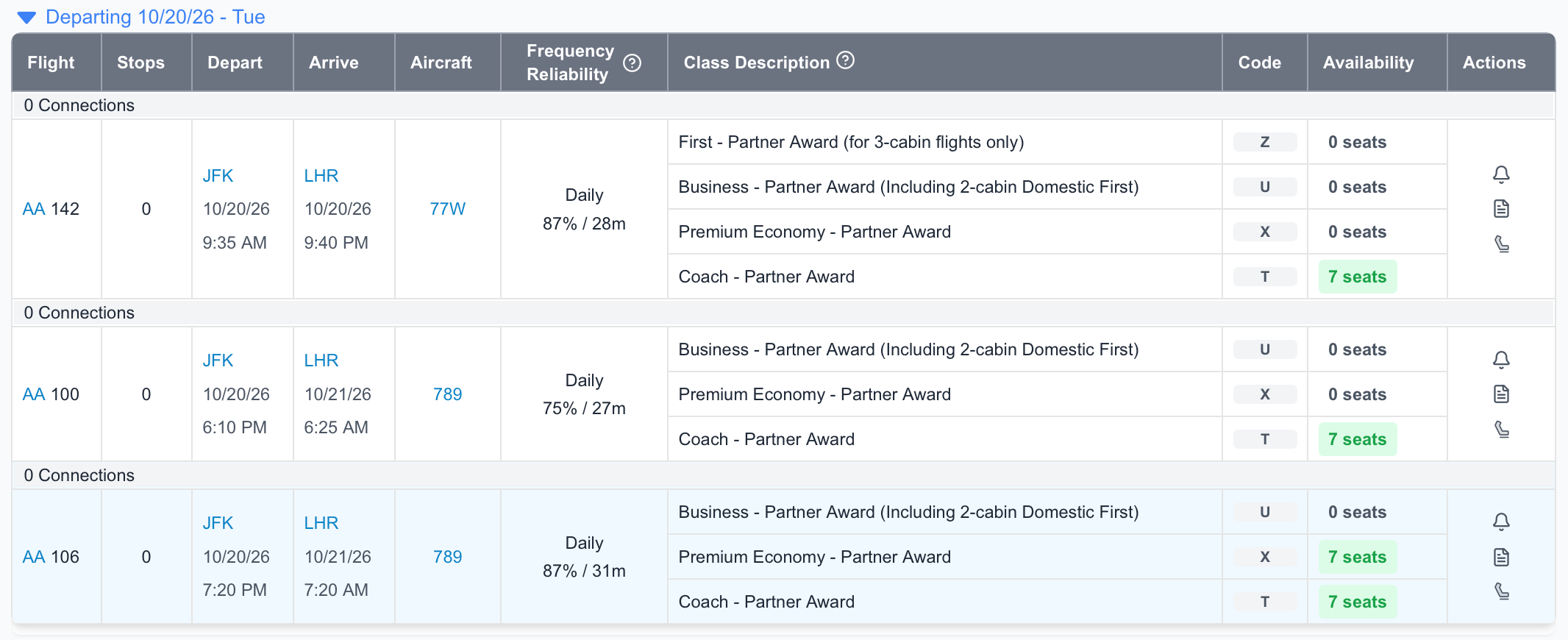 American Airlines award search results in ExpertFlyer