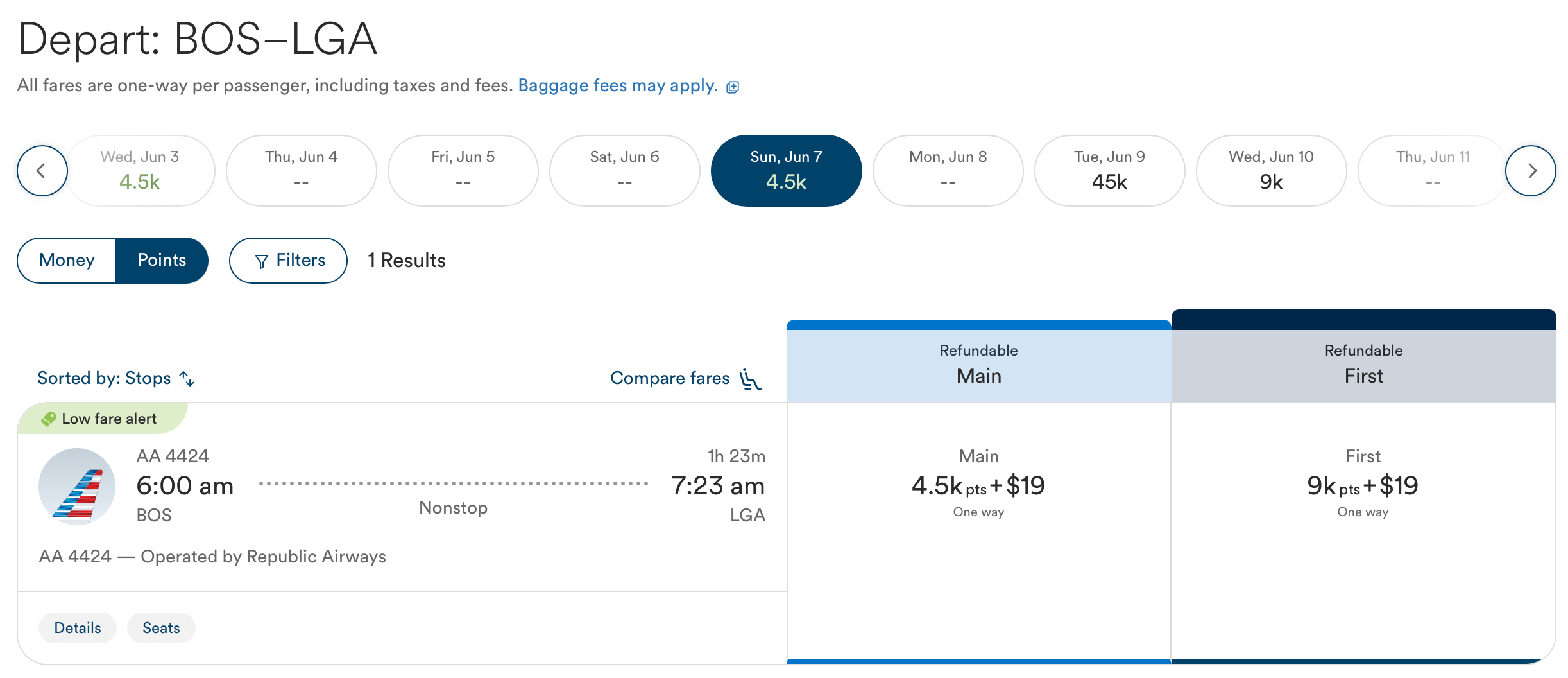 Award flights from Boston to New York on Alaska Airlines website