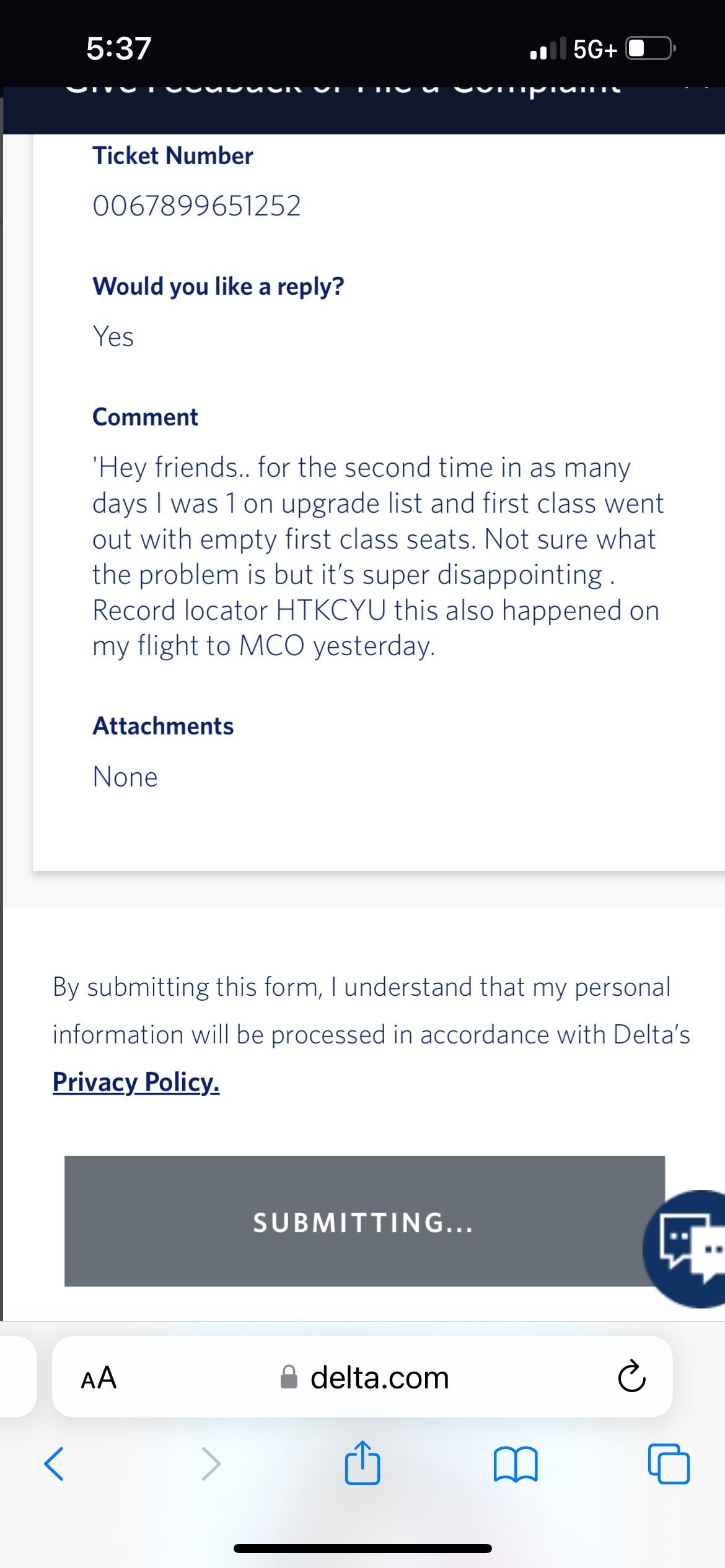 Customer service note to Delta. DELTA.COM