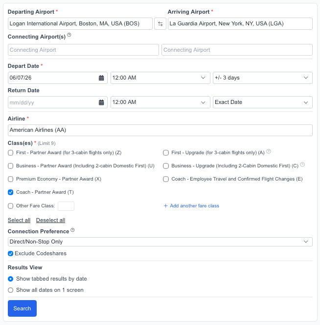 Bonus search example in ExpertFlyer