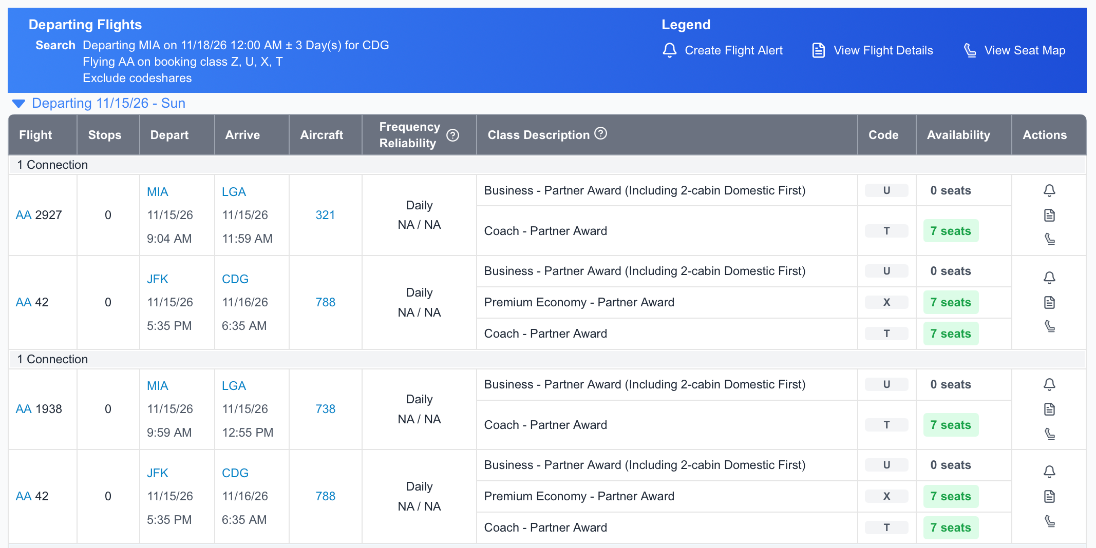 ExpertFlyer search results