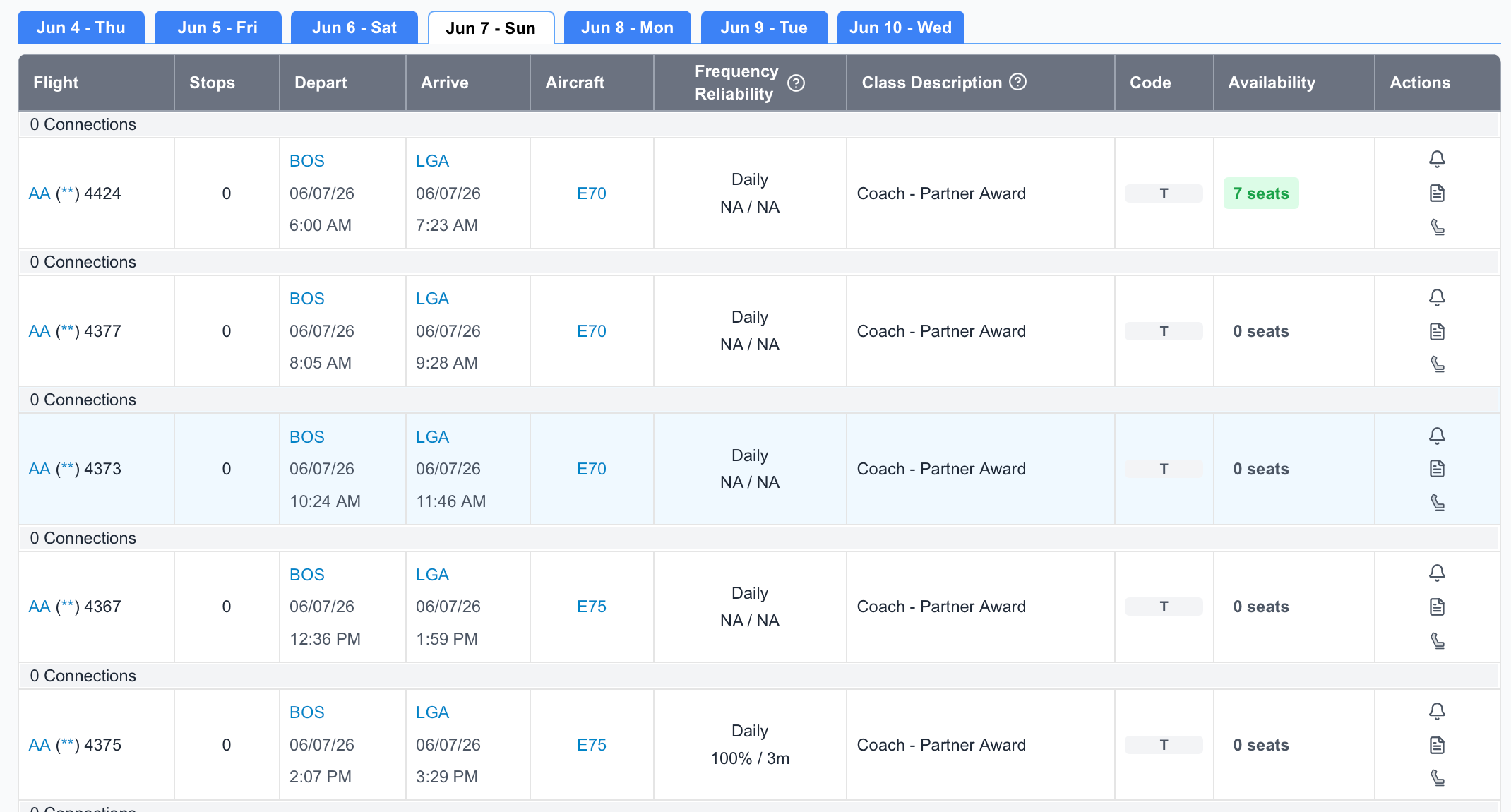 ExpertFlyer search results for Boston to New York