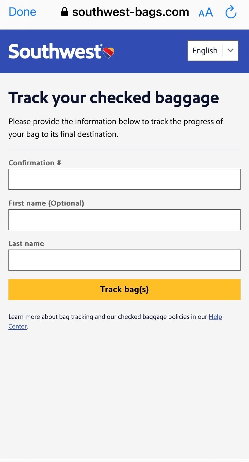 Southwest Airlines baggage tracker app