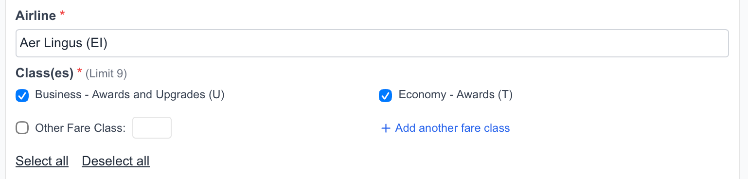 Select fare class on ExpertFlyer