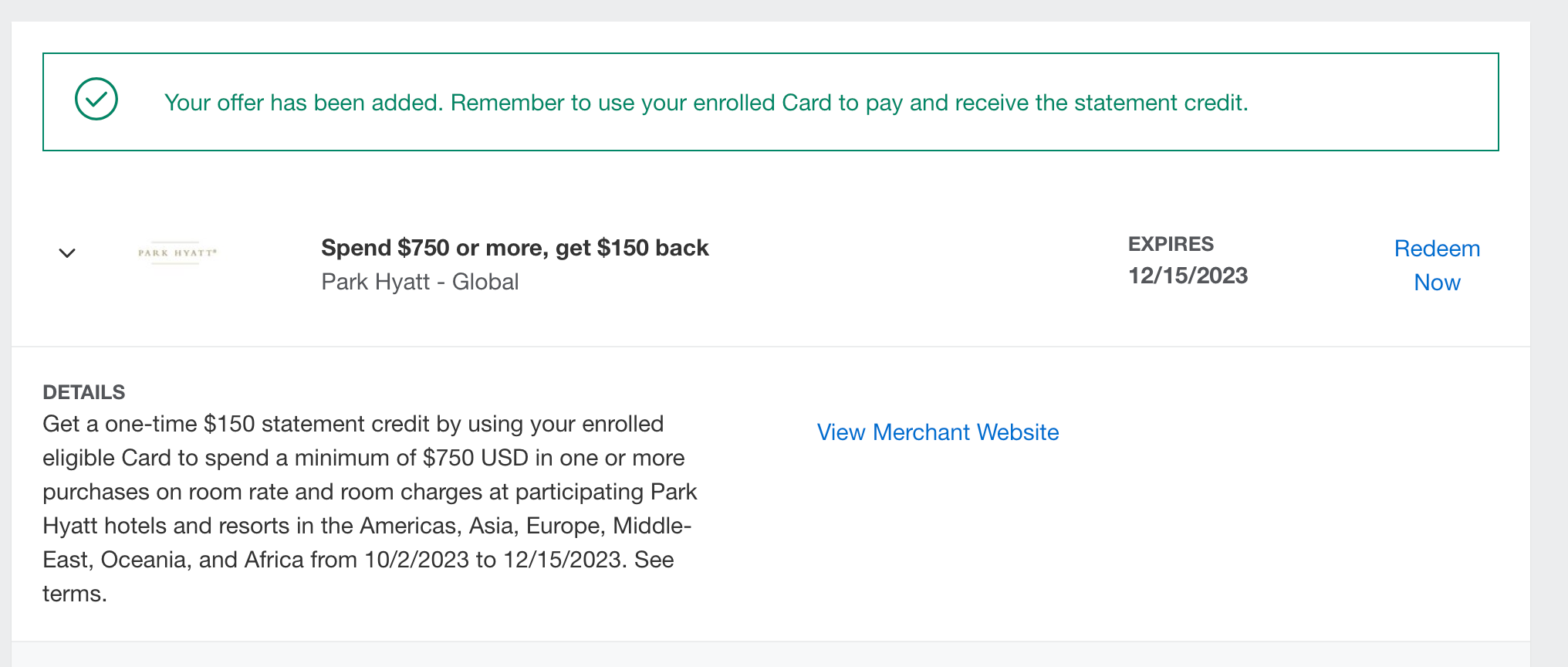 Amex offer for Park Hyatt. AMERICAN EXPRESS