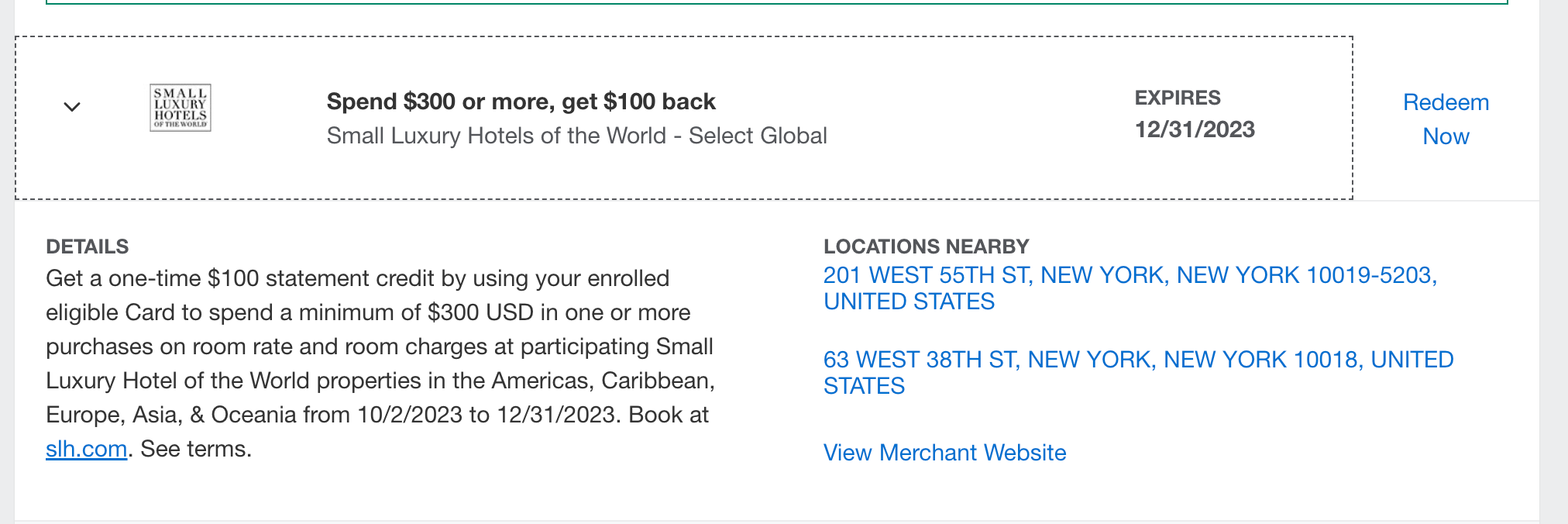 Amex offer for SLH hotels. AMERICAN EXPRESS