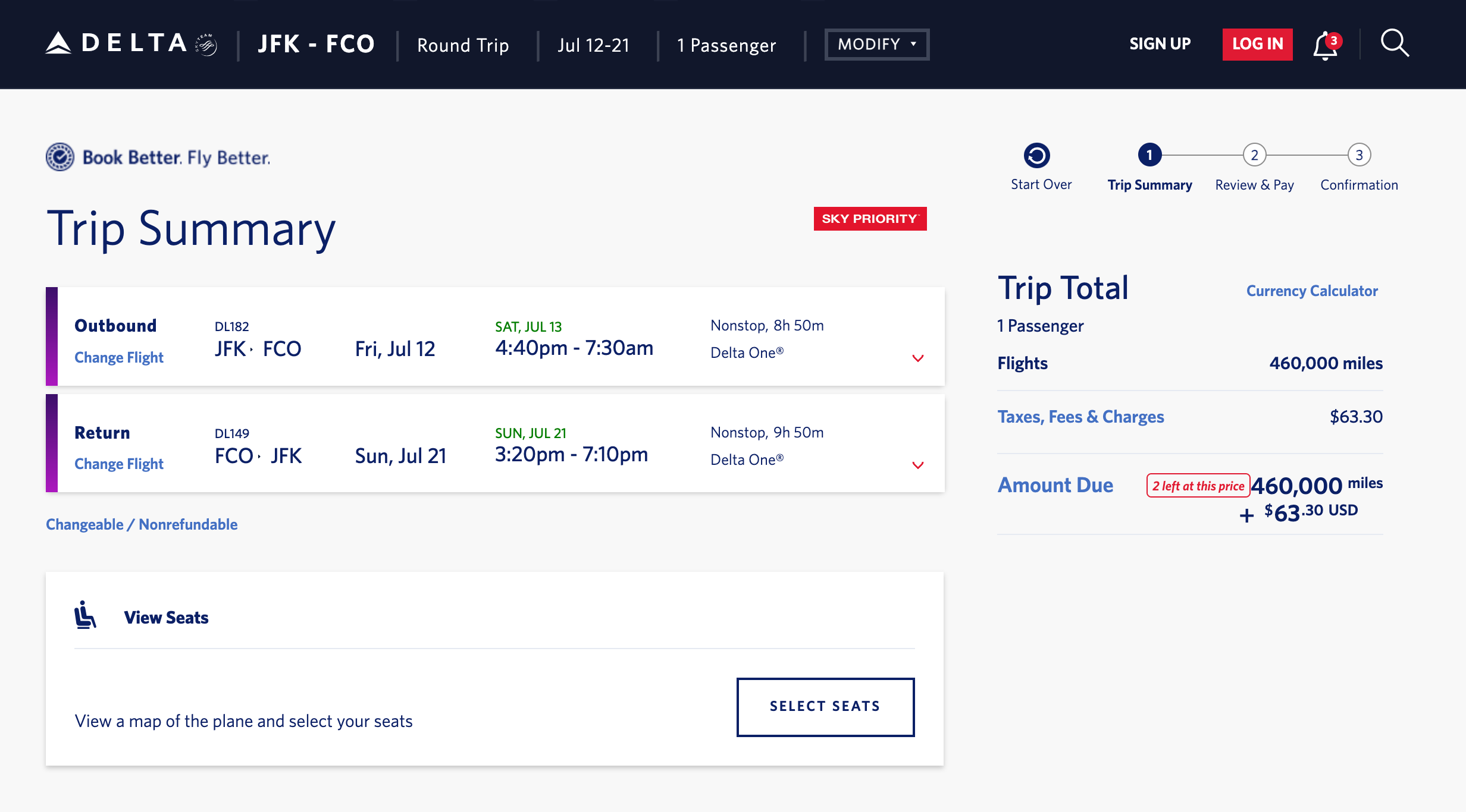 Delta One redemption July 2024 to Rome for 440,000 SkyMiles. DELTA.COM