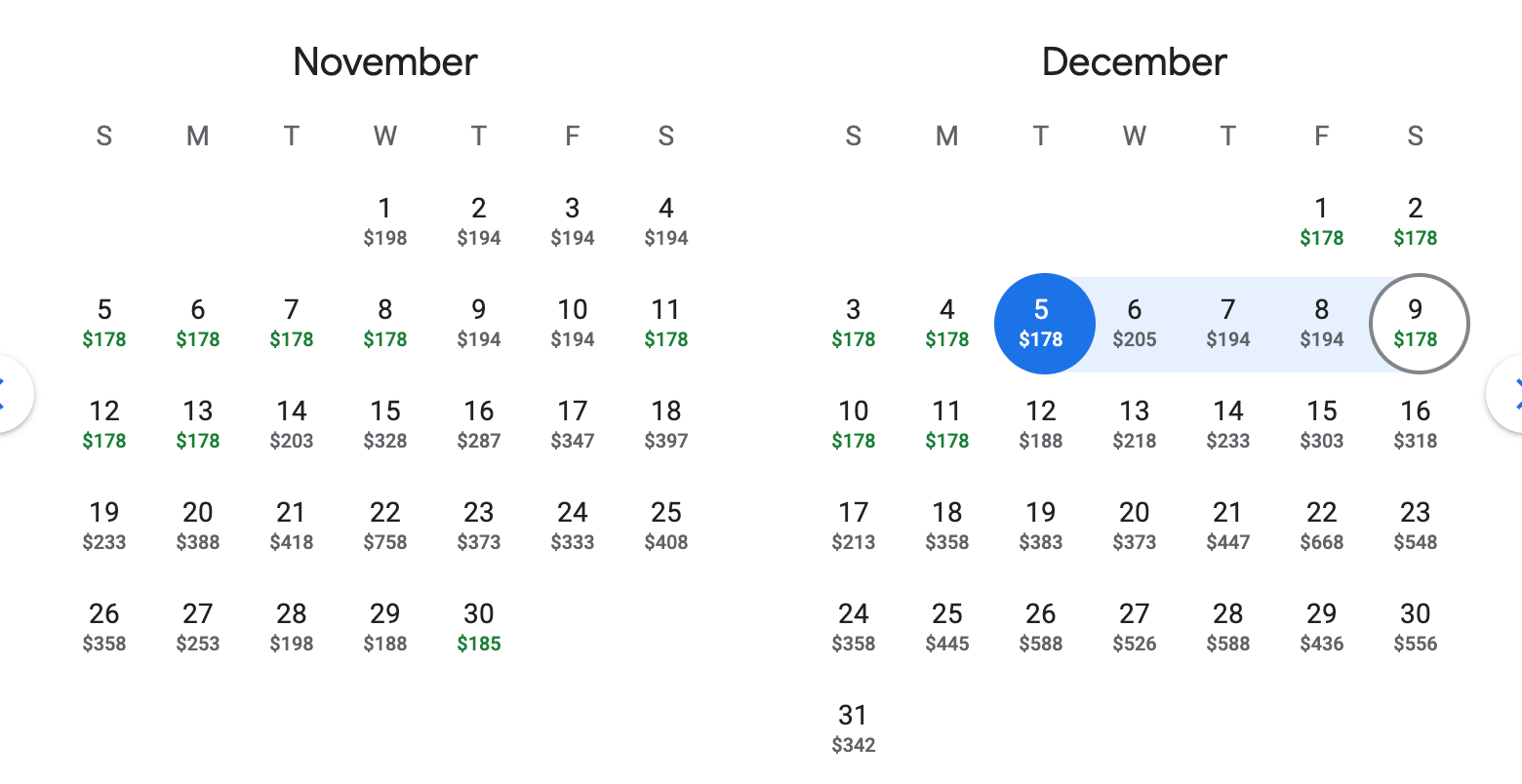 november december miami flight calendar