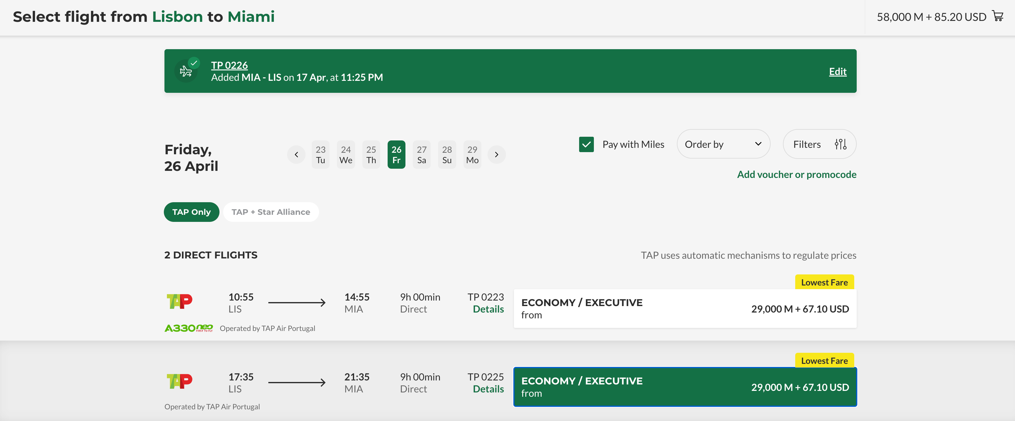 Award flights on TAP Air Portugal from Miami to Lisbon