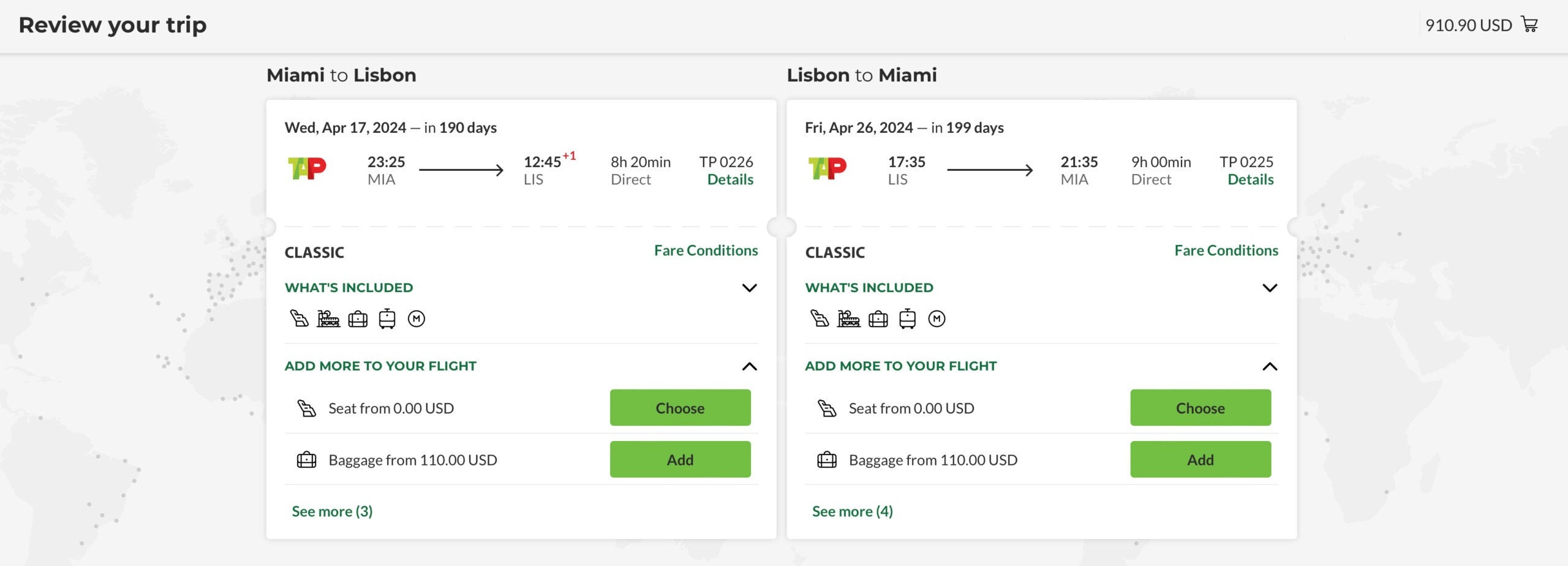 A paid ticket on TAP Air Portugal from Miami to Lisbon