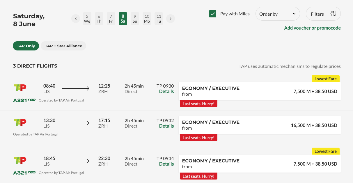 Award flights on TAP Air Portugal from Lison to Zurich