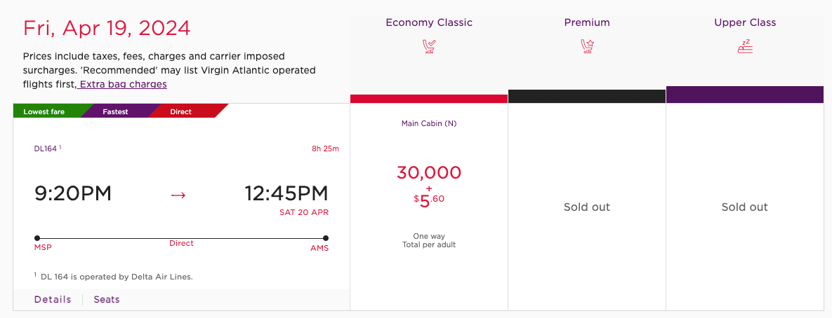 A Delta flight from Minneapolis to Amsterdam booked using Virgin Atlantic points